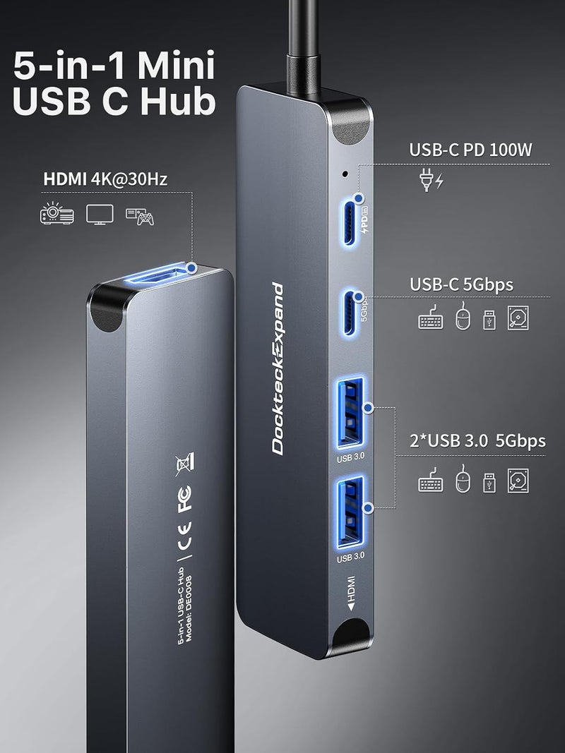 DockteckExpand USB-C Hub 5-in-1 with 4K HDMI, 100W Power Delivery, 5Gbps USB-C Data Port and 2 5Gbps USB-A Data Ports for MacBook Pro/Air, iPad Pro/Air, Dell XPS - Image 2